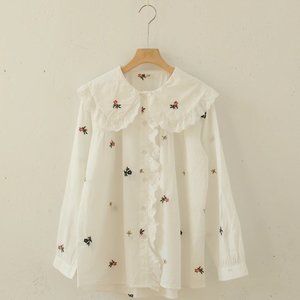Spring Autumn Flower Embroidery Cotton Long Sleeve Loose Casual White Shirt Wome